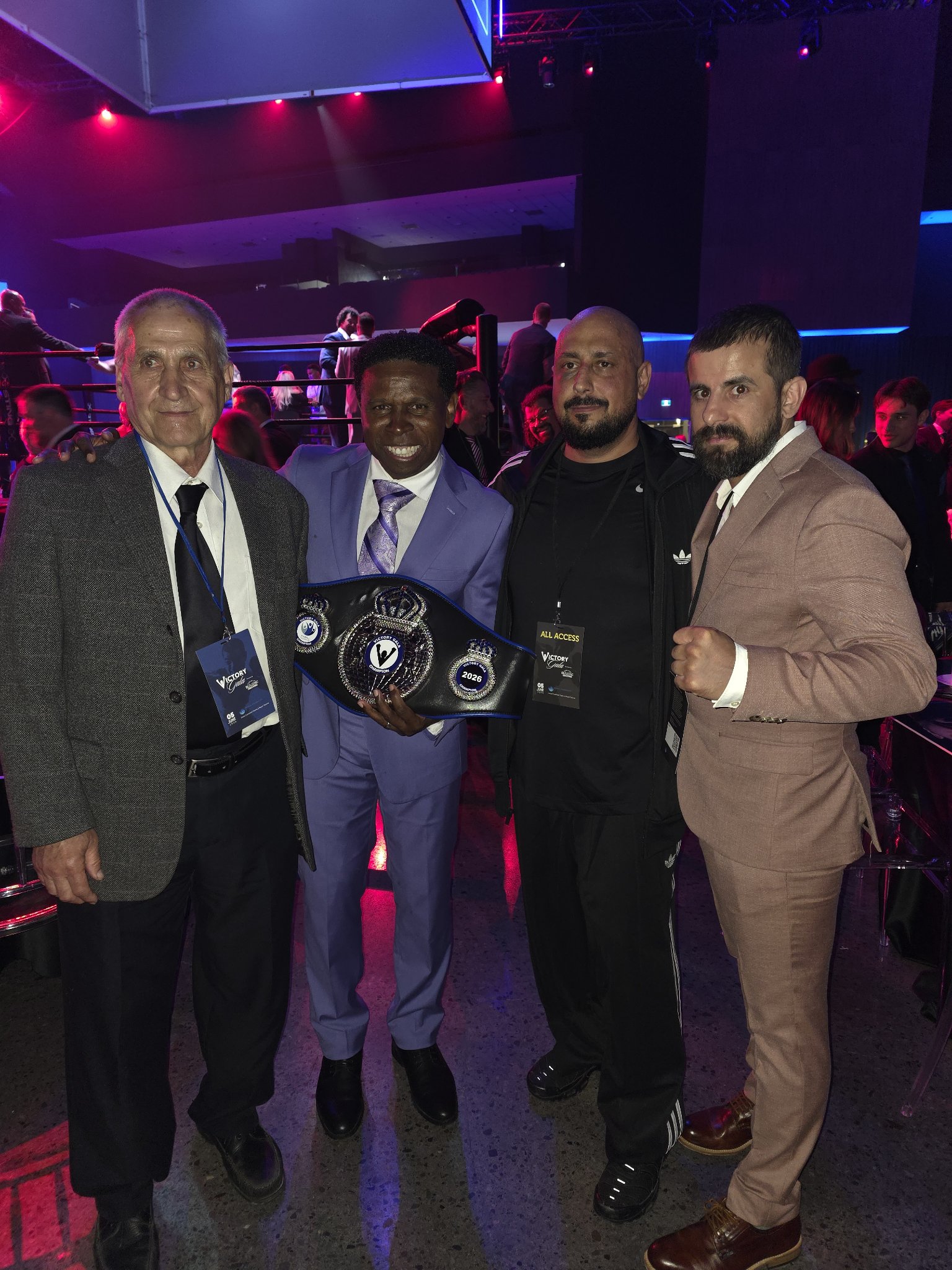 Michael Pinball Clemons holding the Victory Gala 2026 championship belt, with Tony De Pasquale